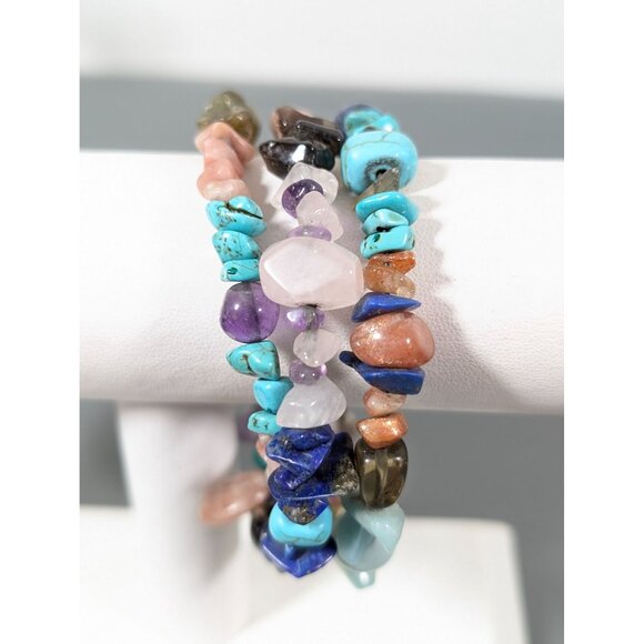 Multi Gemstone Bead Flex Wire Coil Wrap Bracelet 7" Amethyst Quartz - Picture 1 of 8